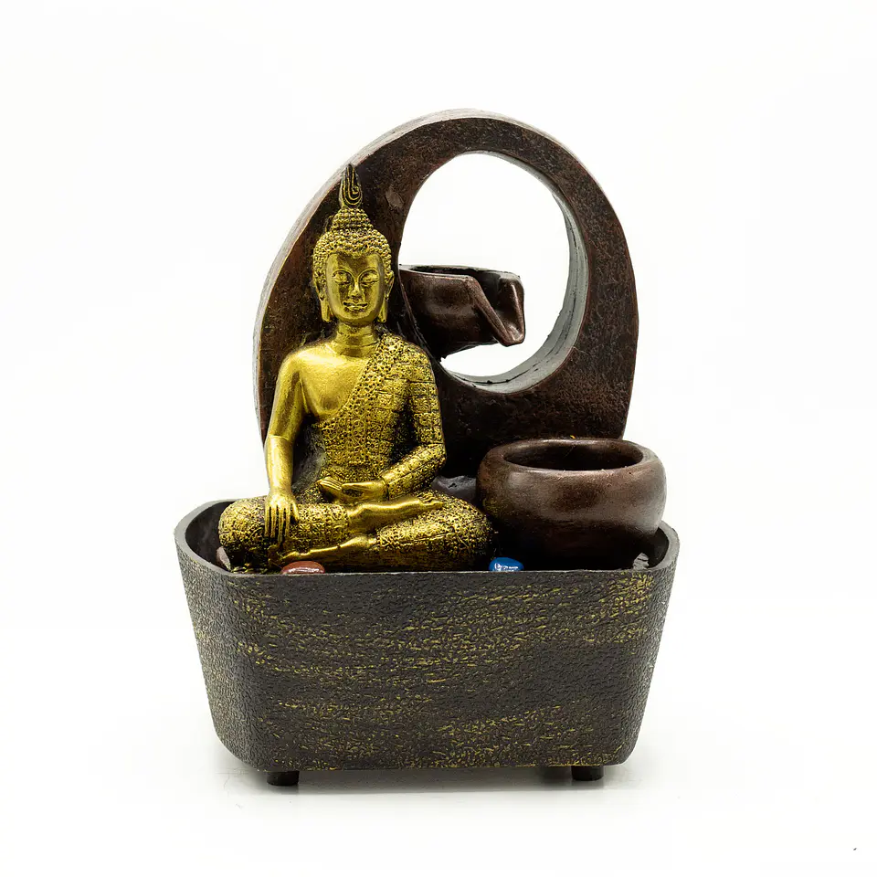 Fonte de Água de Mesa Feng-Shui - Buda Dourado & Potes - 21x16x12,5cm 1