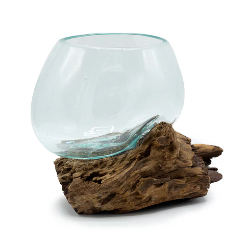 Taça de Vidro Derretido em Madeira - Tamanho Médio 12x13x20cm