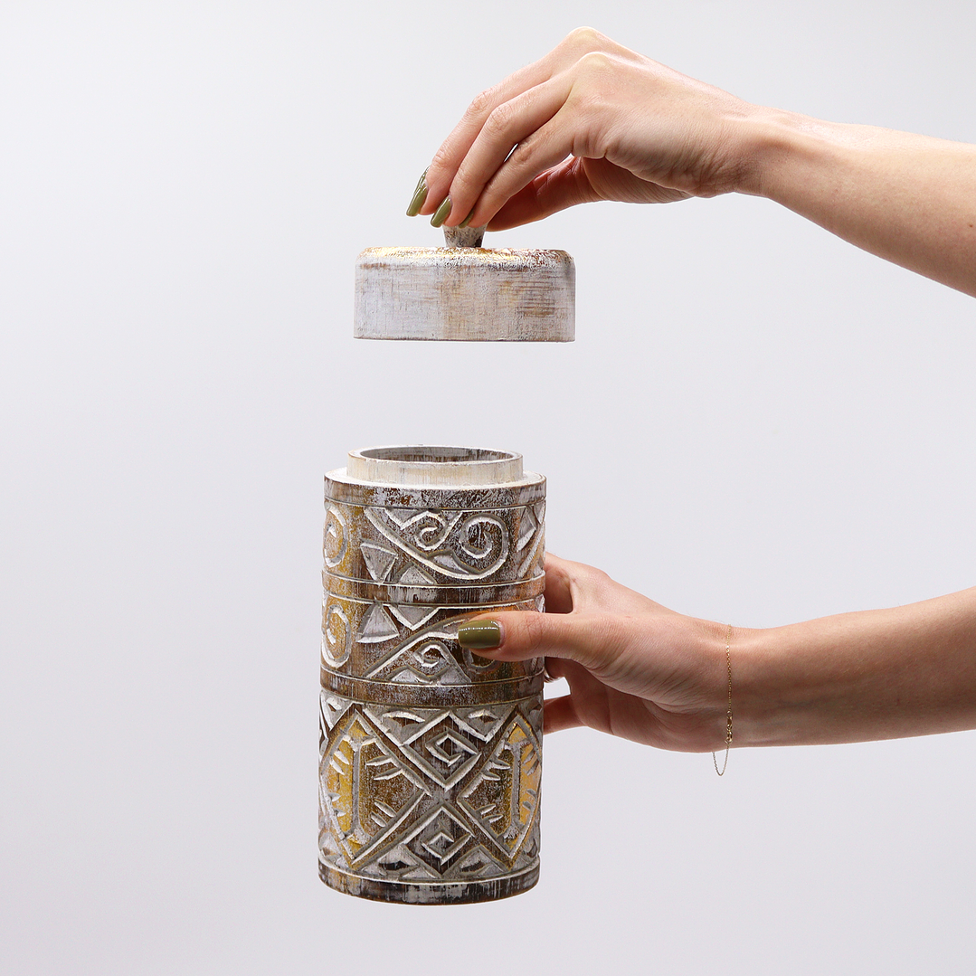 Pote Alto em Madeira - Branco & Dourado 22,5x9,3cm 3