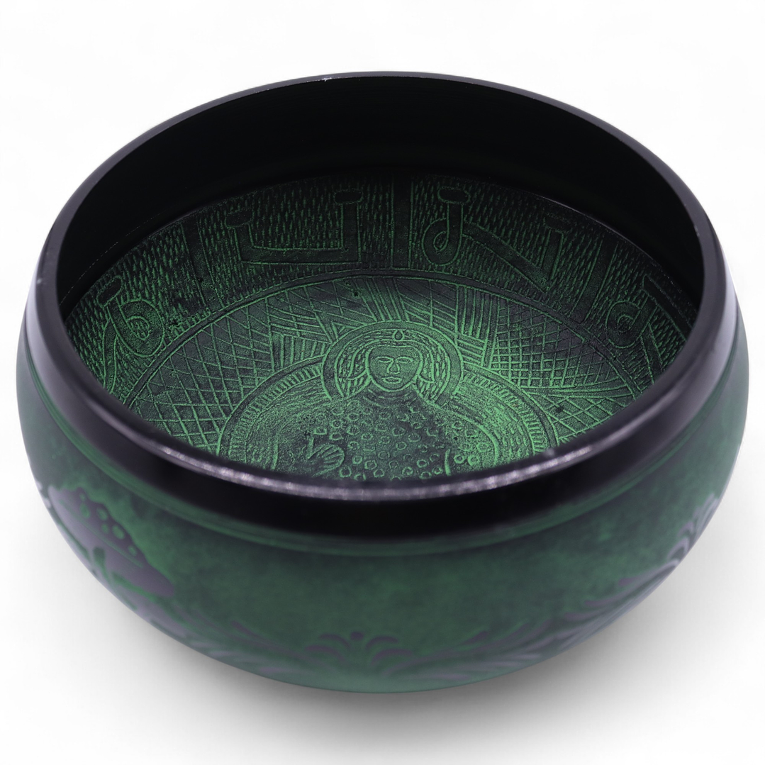 Taça Tibetana “Cogumelo” Extra Alta c/ Bastão de Madeira – Verde Musgo 23x10,5cm 2