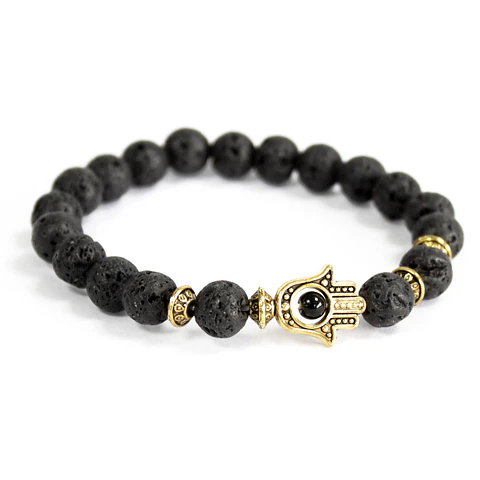 Pulseira de Pedra de Lava - Hamsá - Dourado