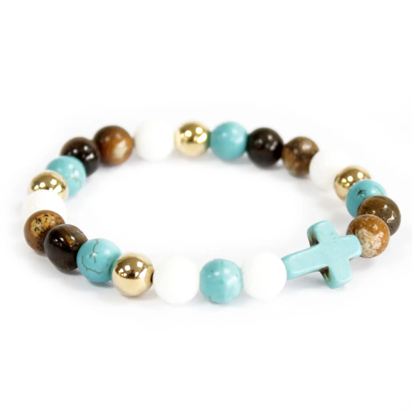 Pulseira de Contas & Pedras Naturais c/ Cruz - Turquesa 1