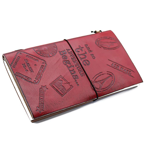 Diário de Couro Feito à Mão - The Adventure Begins - Vermelho 22x12x1,5cm