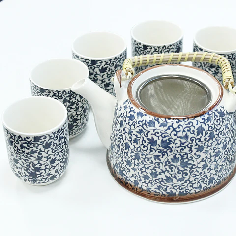 Conjunto de Bule & Chávenas em Cerâmica - Azul Ramificado 850 ml