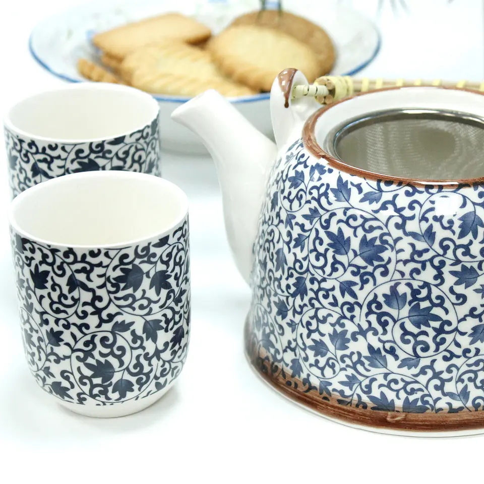 Conjunto de Bule & Chávenas em Cerâmica - Azul Ramificado 850 ml 6