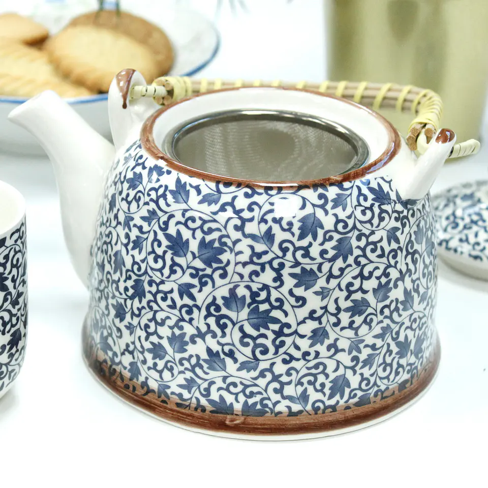 Conjunto de Bule & Chávenas em Cerâmica - Azul Ramificado 850 ml 7