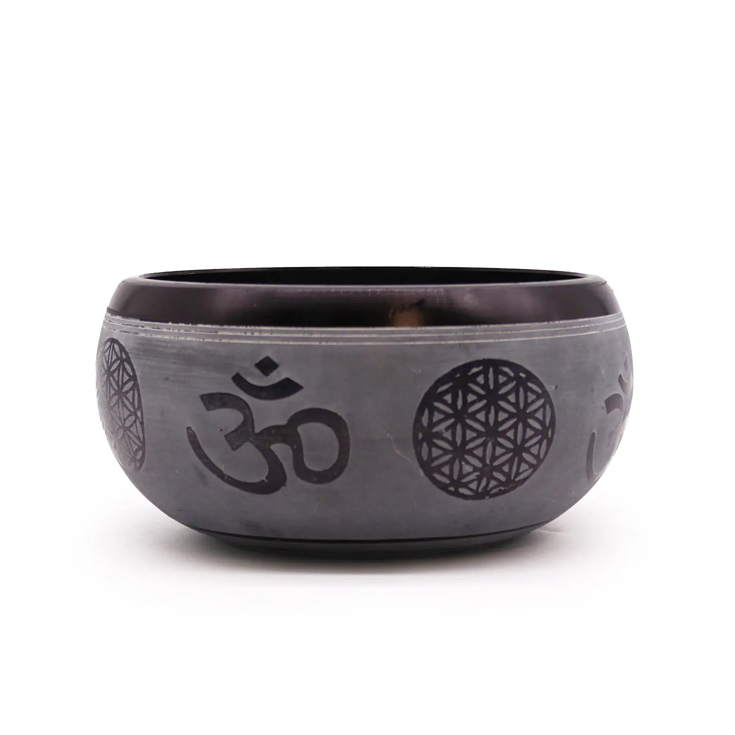 Taça Tibetana “Cinza da Terra” c/ Bastão de Madeira – Om & Cinco Budas 16x8,5cm 1