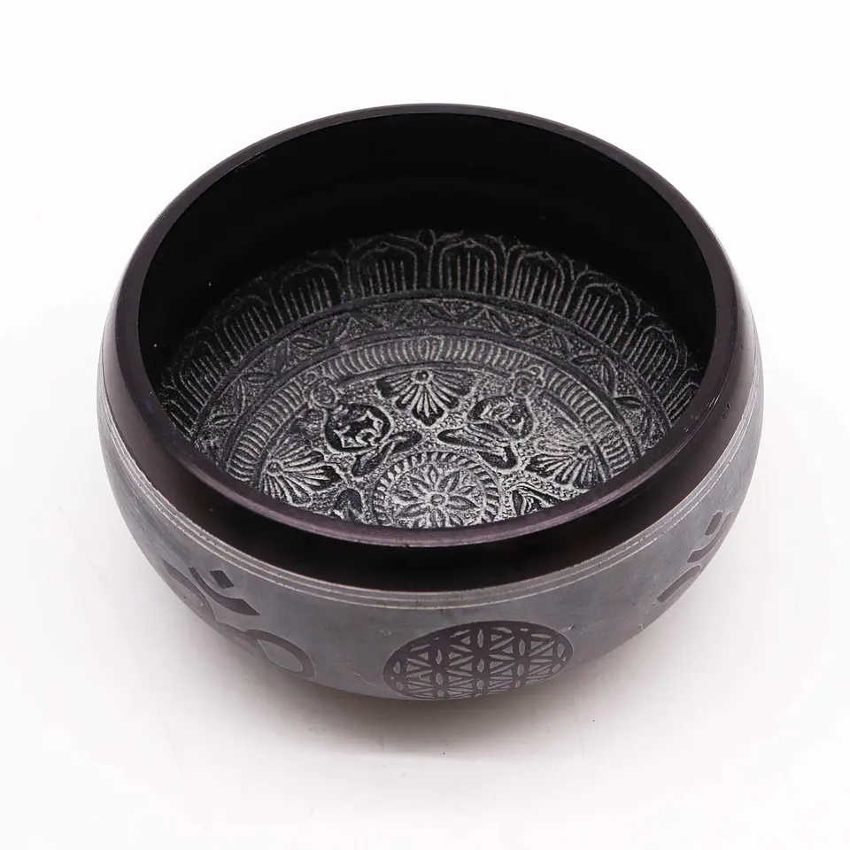 Taça Tibetana “Cinza da Terra” c/ Bastão de Madeira – Om & Cinco Budas 16x8,5cm 2