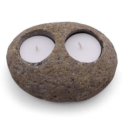 Porta-Velas Decorativo Duplo em Pedra de Rio Natural - 10x10x7cm