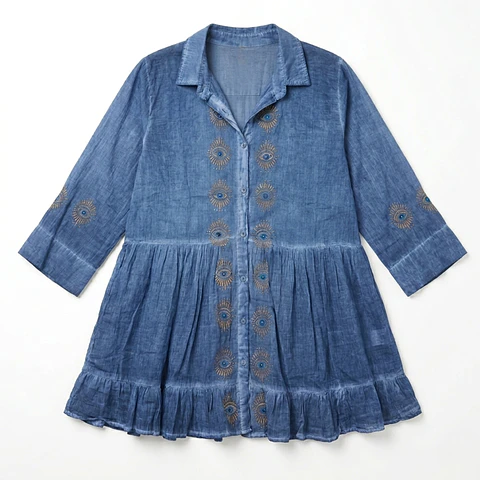 Vestido/Túnica Nomad Sari - Azul-Escuro c/ Estampa do Olho Turco - Coleção Mediterrâneo