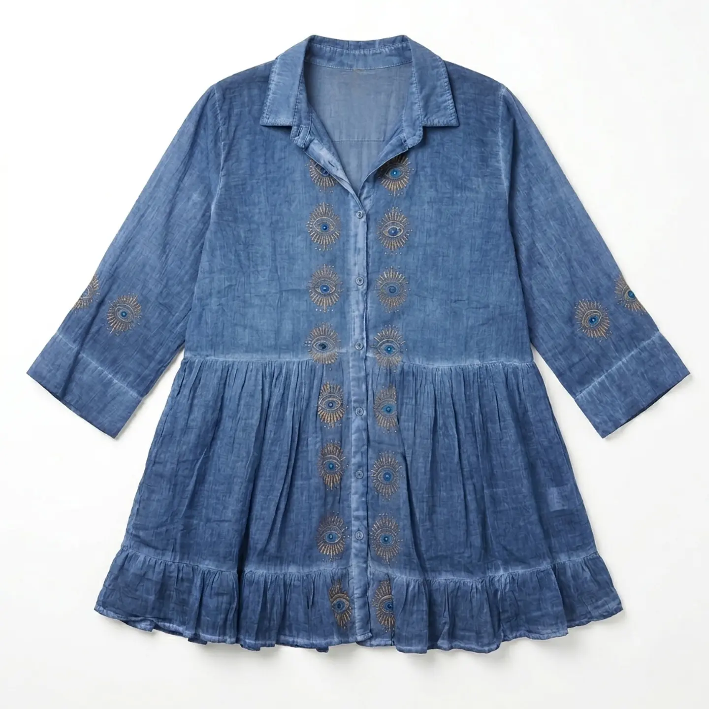 Vestido/Túnica Nomad Sari - Azul-Escuro c/ Estampa do Olho Turco - Coleção Mediterrâneo 1