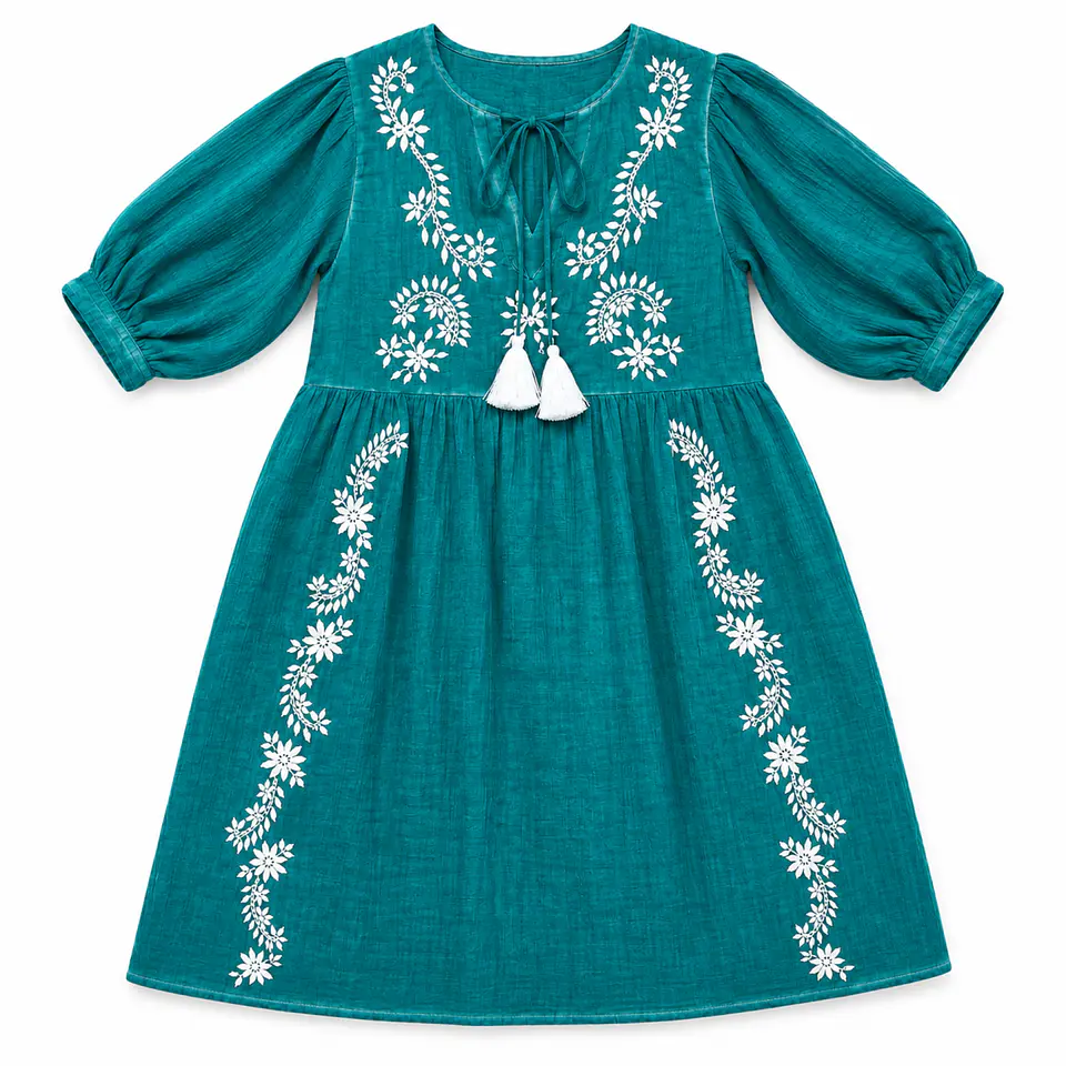 Vestido Nomad Sari - Turquesa c/ Bordado & Franjas - Coleção Mediterrâneo 1