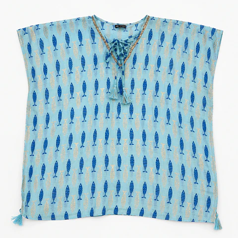 Kaftan Nomad Sari - Turquesa c/ Peixes Azuis & Dourados - Coleção Mediterrâneo