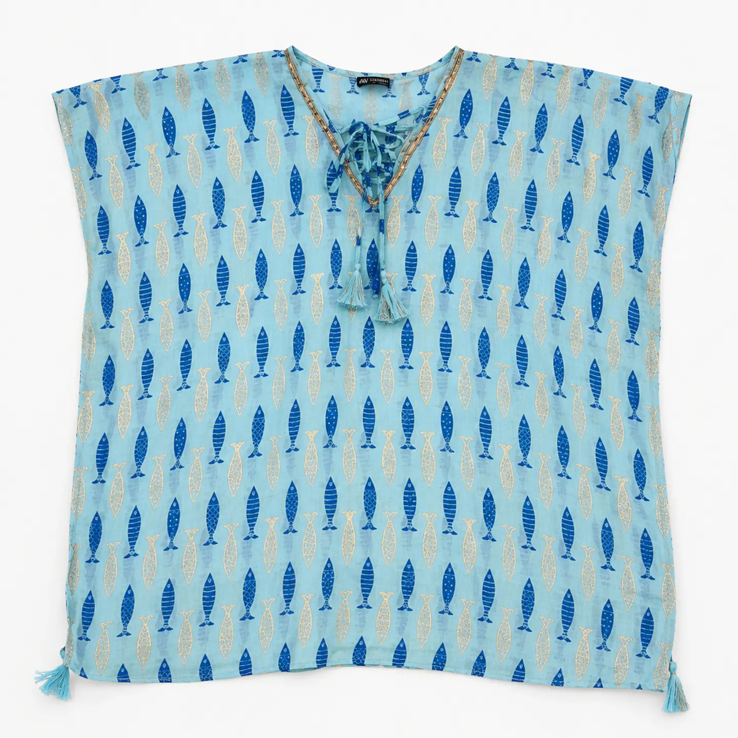 Kaftan Nomad Sari - Turquesa c/ Peixes Azuis & Dourados - Coleção Mediterrâneo 1