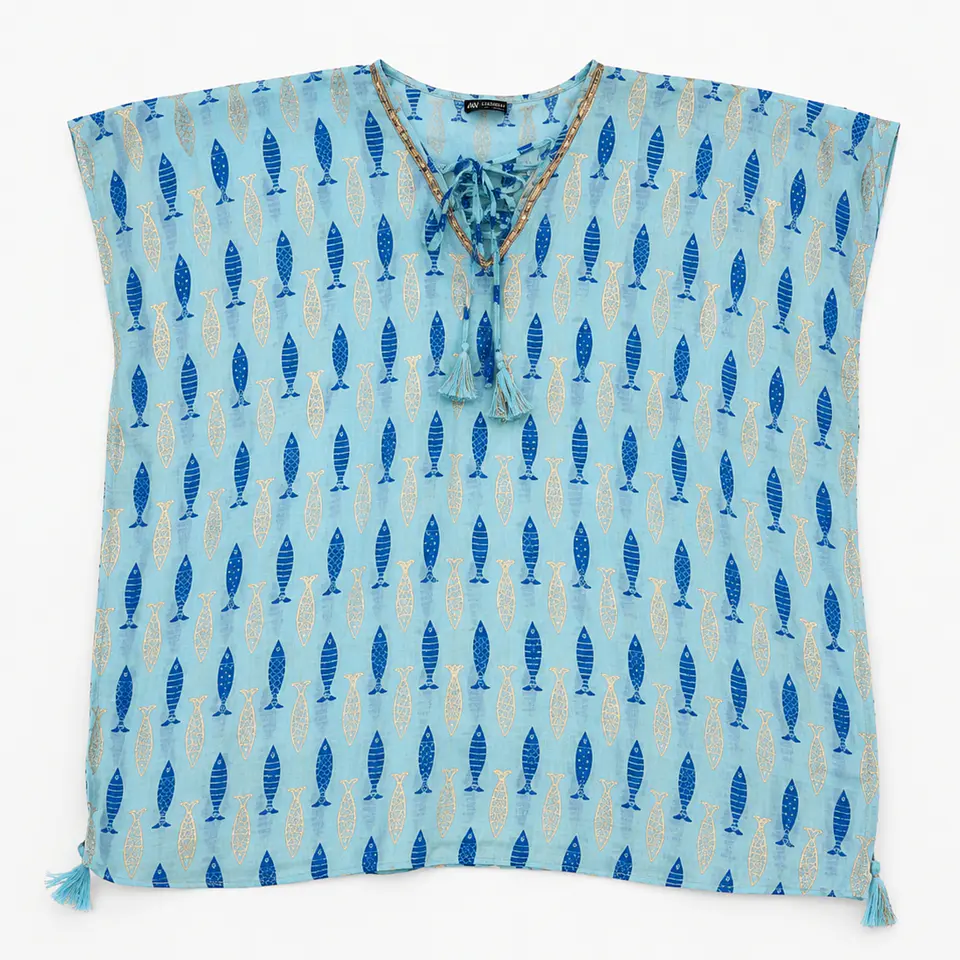 Kaftan Nomad Sari - Turquesa c/ Peixes Azuis & Dourados - Coleção Mediterrâneo 1
