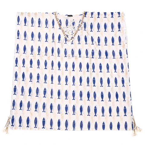 Kaftan Nomad Sari - Branco c/ Peixes Azuis & Dourados - Coleção Mediterrâneo