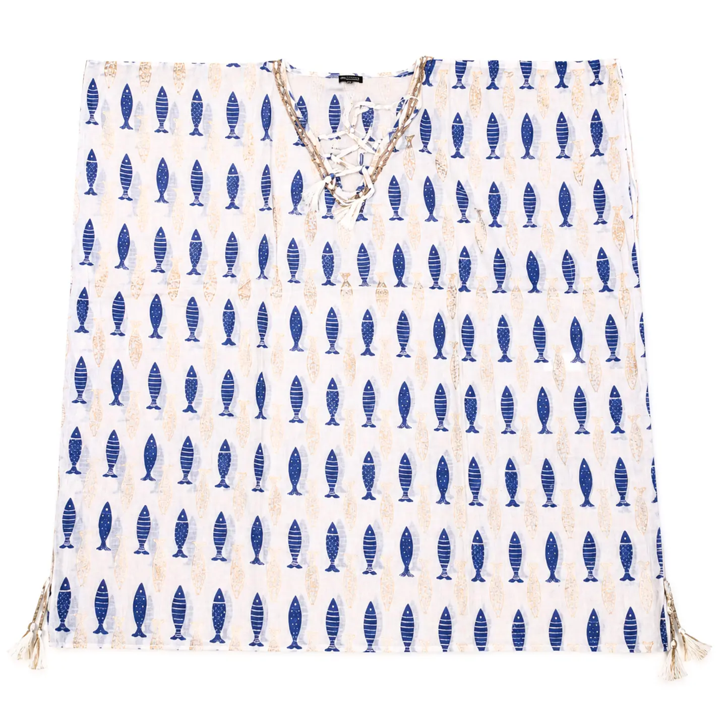 Kaftan Nomad Sari - Branco c/ Peixes Azuis & Dourados - Coleção Mediterrâneo 1