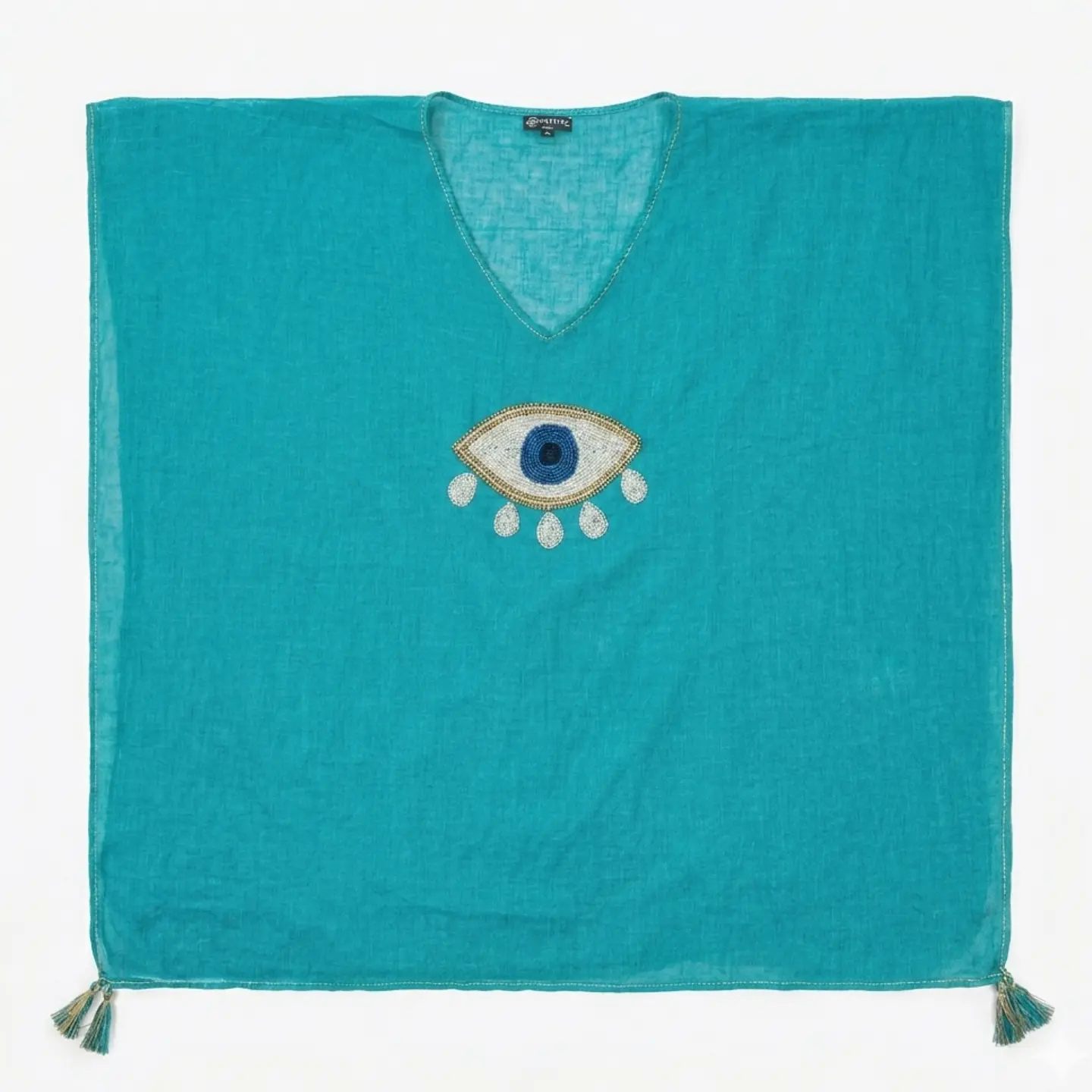 Kaftan Nomad Sari - Turquesa c/ Olho Turco Ouro & Branco - Coleção Mediterrâneo 1