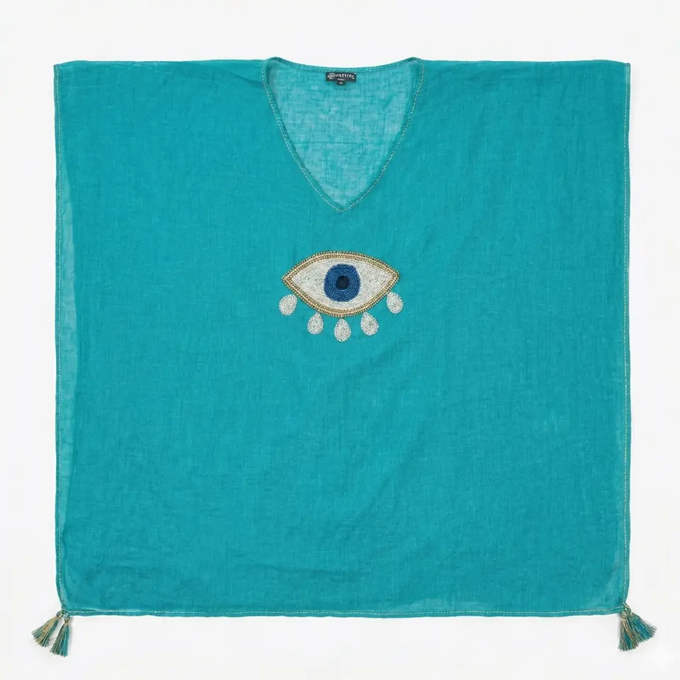 Kaftan Nomad Sari - Turquesa c/ Olho Turco Ouro & Branco - Coleção Mediterrâneo 1