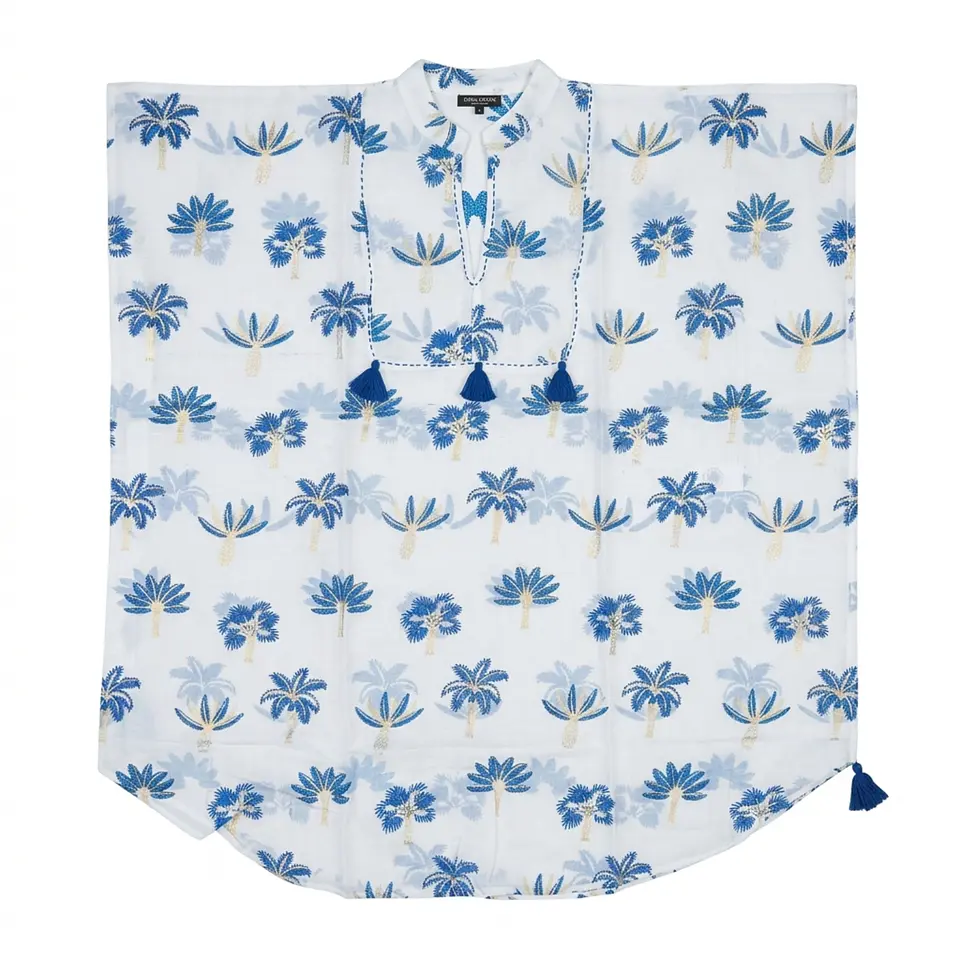 Kaftan Nomad Sari - Branco c/ Bordados Azuis & Franjas - Coleção Mediterrâneo 1