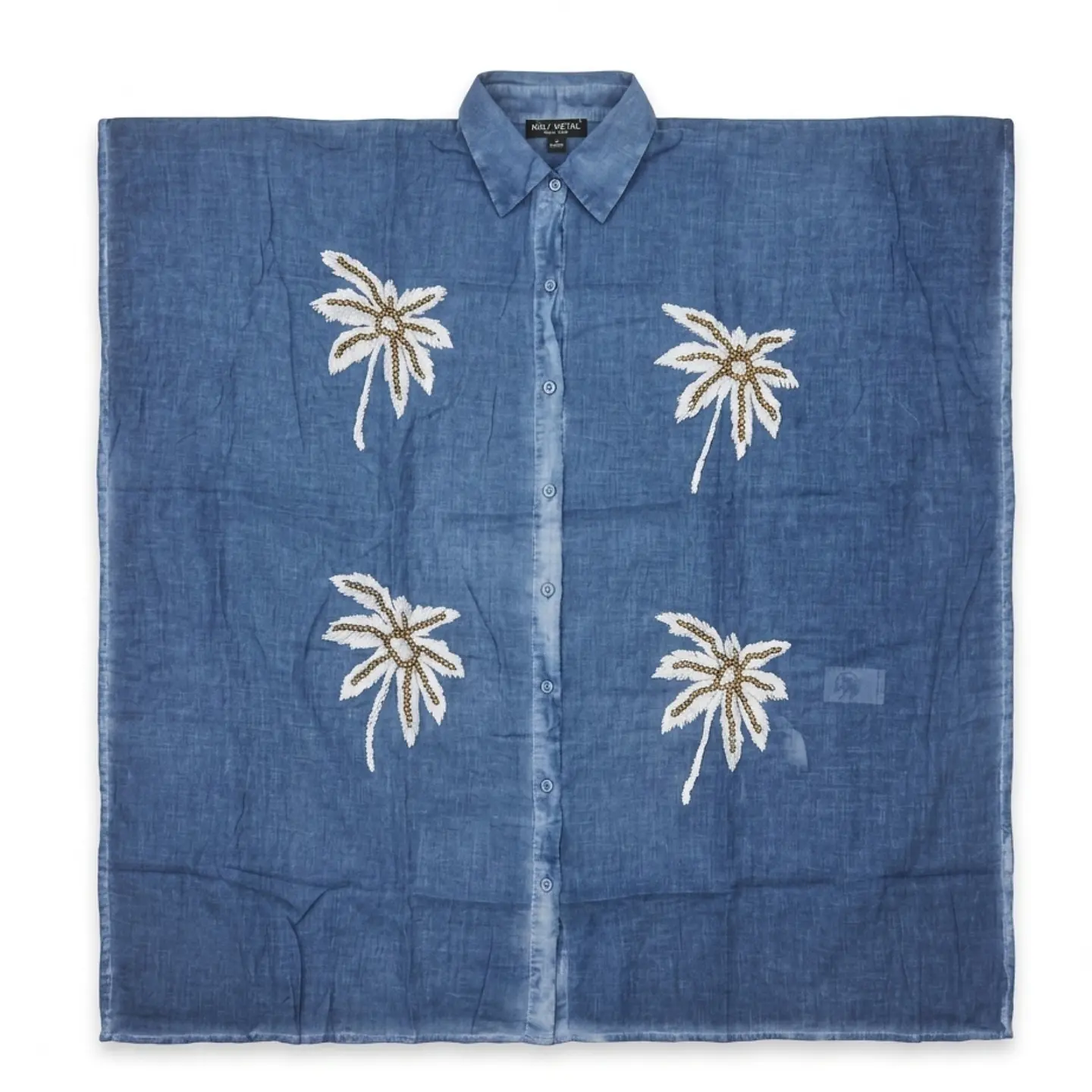 Kaftan Nomad Sari - Azul c/ Palmeiras Douradas & Brancas - Coleção Mediterrâneo 1