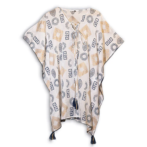 Kaftan Nomad Sari - Ouro & Azul c/ Motivos Gregos - Coleção Mediterrâneo