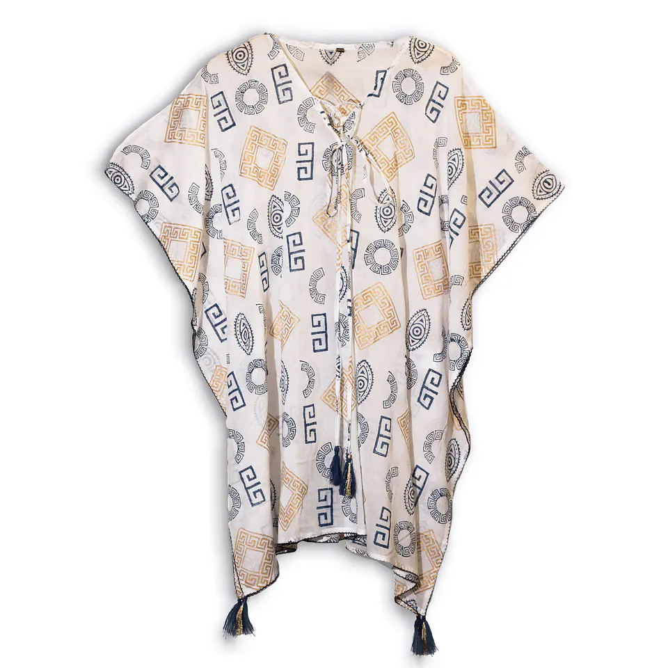Kaftan Nomad Sari - Ouro & Azul c/ Motivos Gregos - Coleção Mediterrâneo 1