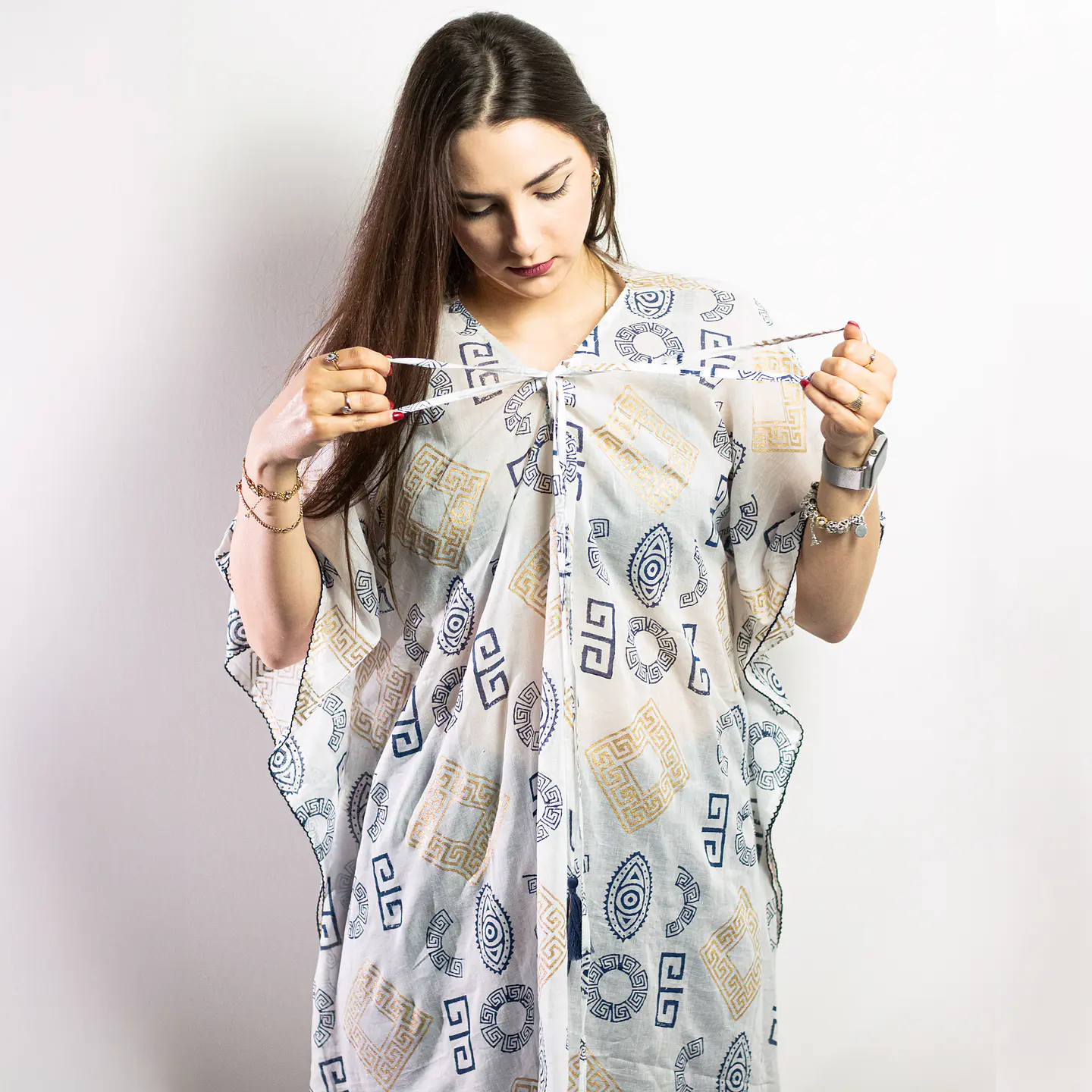 Kaftan Nomad Sari - Ouro & Azul c/ Motivos Gregos - Coleção Mediterrâneo 2