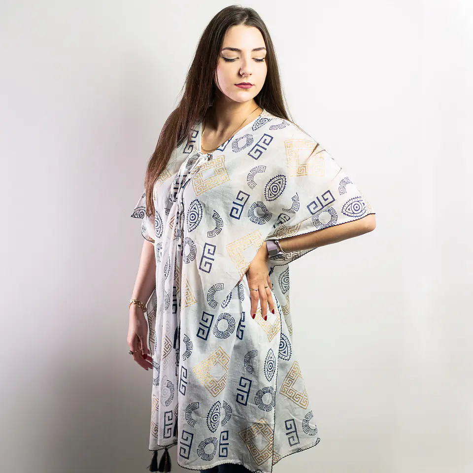 Kaftan Nomad Sari - Ouro & Azul c/ Motivos Gregos - Coleção Mediterrâneo 3