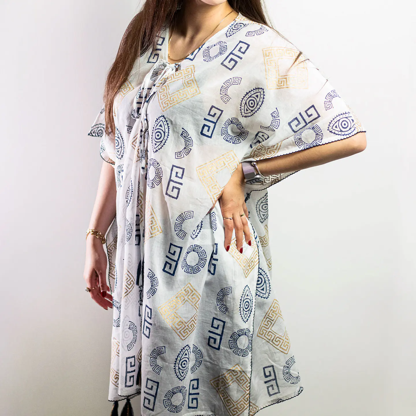 Kaftan Nomad Sari - Ouro & Azul c/ Motivos Gregos - Coleção Mediterrâneo 4