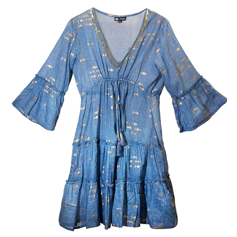 Vestido Nomad Sari - Azul Marinho & Peixes Dourados - Coleção Mediterrâneo