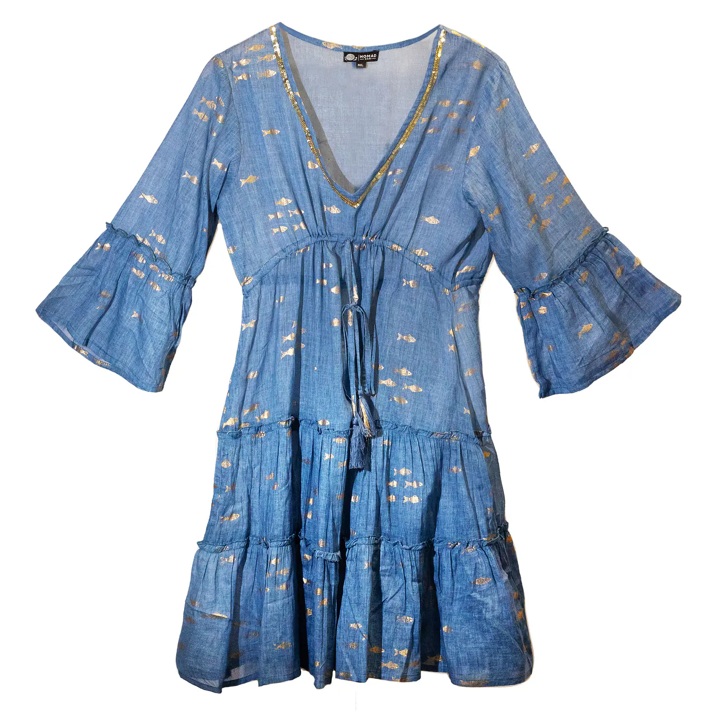 Vestido Nomad Sari - Azul Marinho & Peixes Dourados - Coleção Mediterrâneo 1