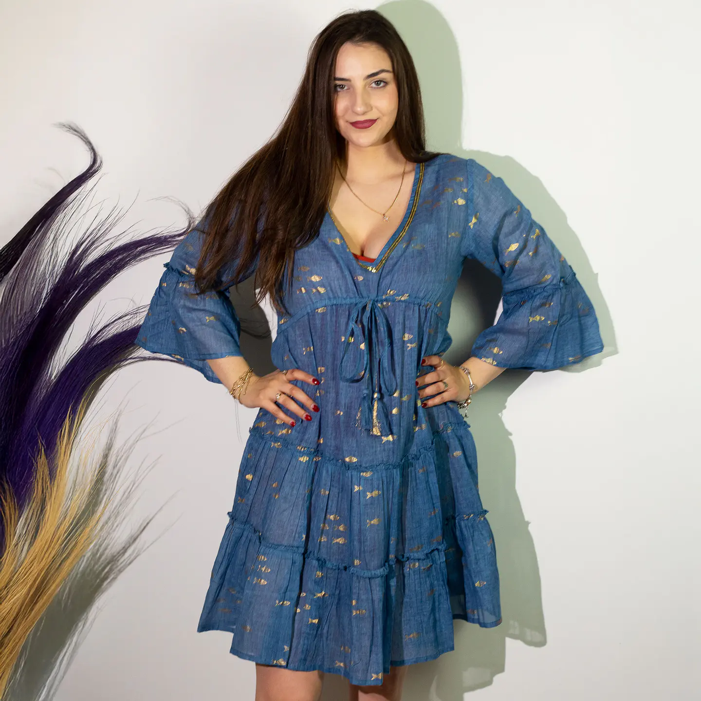 Vestido Nomad Sari - Azul Marinho & Peixes Dourados - Coleção Mediterrâneo 2