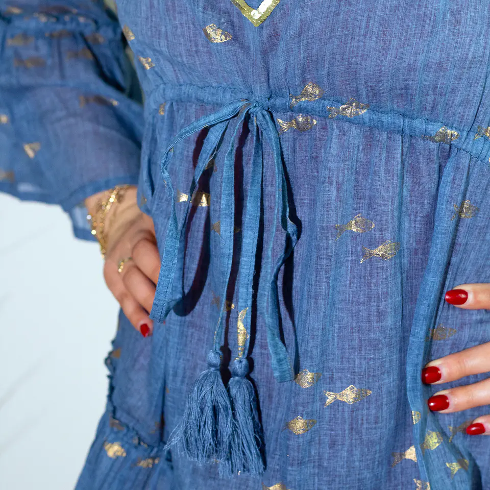 Vestido Nomad Sari - Azul Marinho & Peixes Dourados - Coleção Mediterrâneo 3