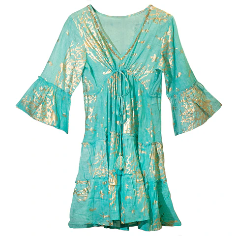 Vestido Nomad Sari - Turquesa & Corais Dourados - Coleção Mediterrâneo