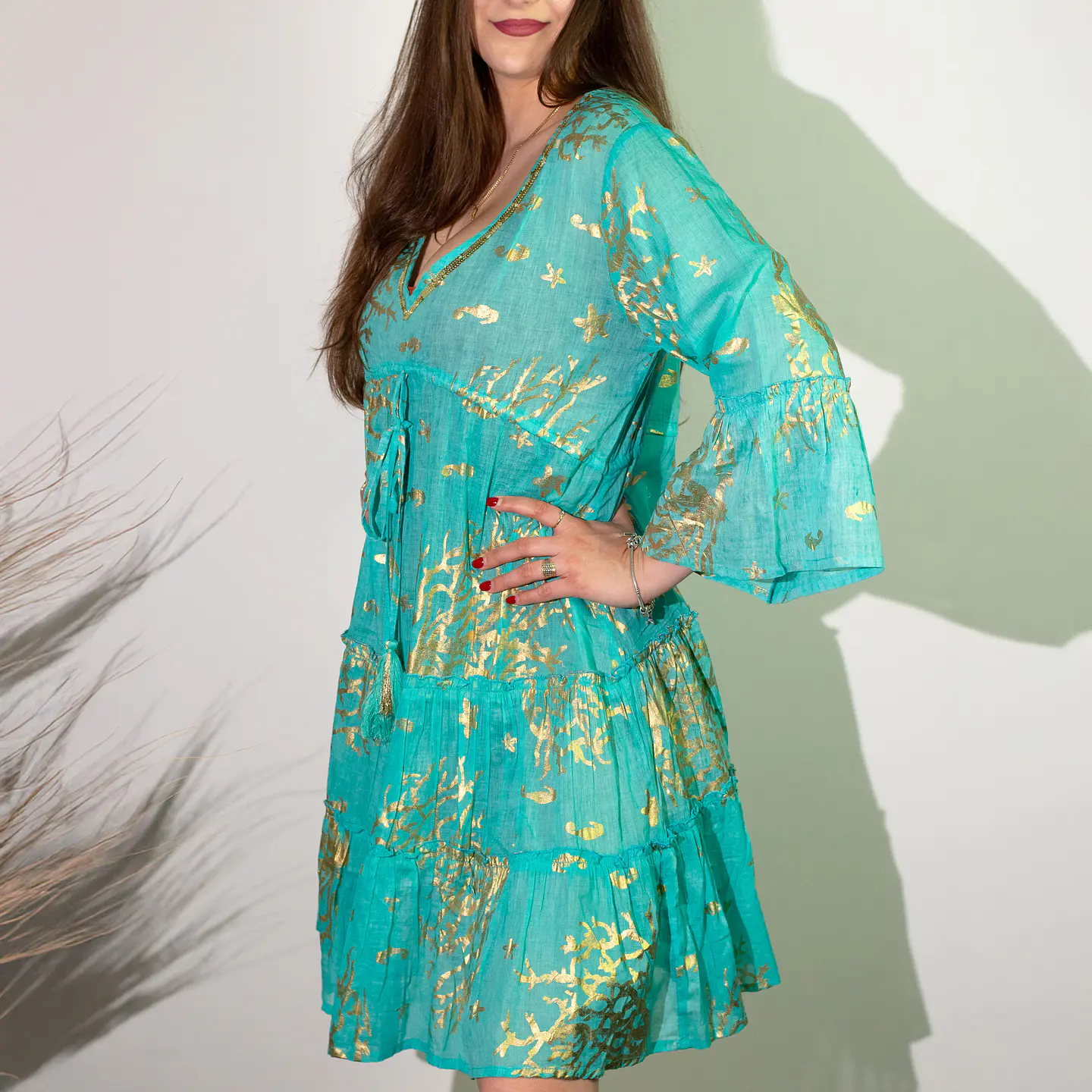 Vestido Nomad Sari - Turquesa & Corais Dourados - Coleção Mediterrâneo 3