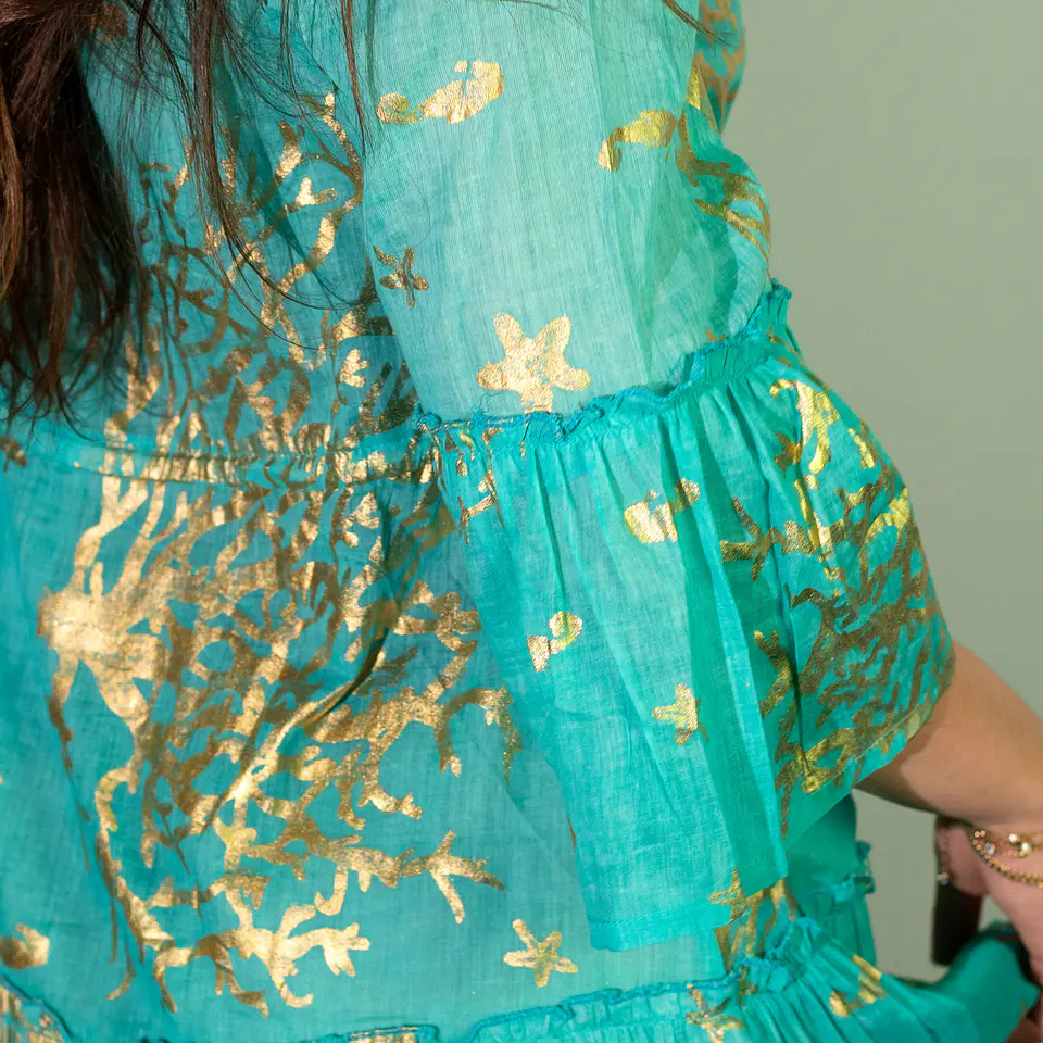 Vestido Nomad Sari - Turquesa & Corais Dourados - Coleção Mediterrâneo 4