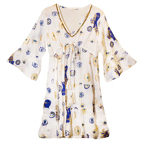 Vestido Nomad Sari - Branco, Azul & Olho Turco Dourado - Coleção Mediterrâneo