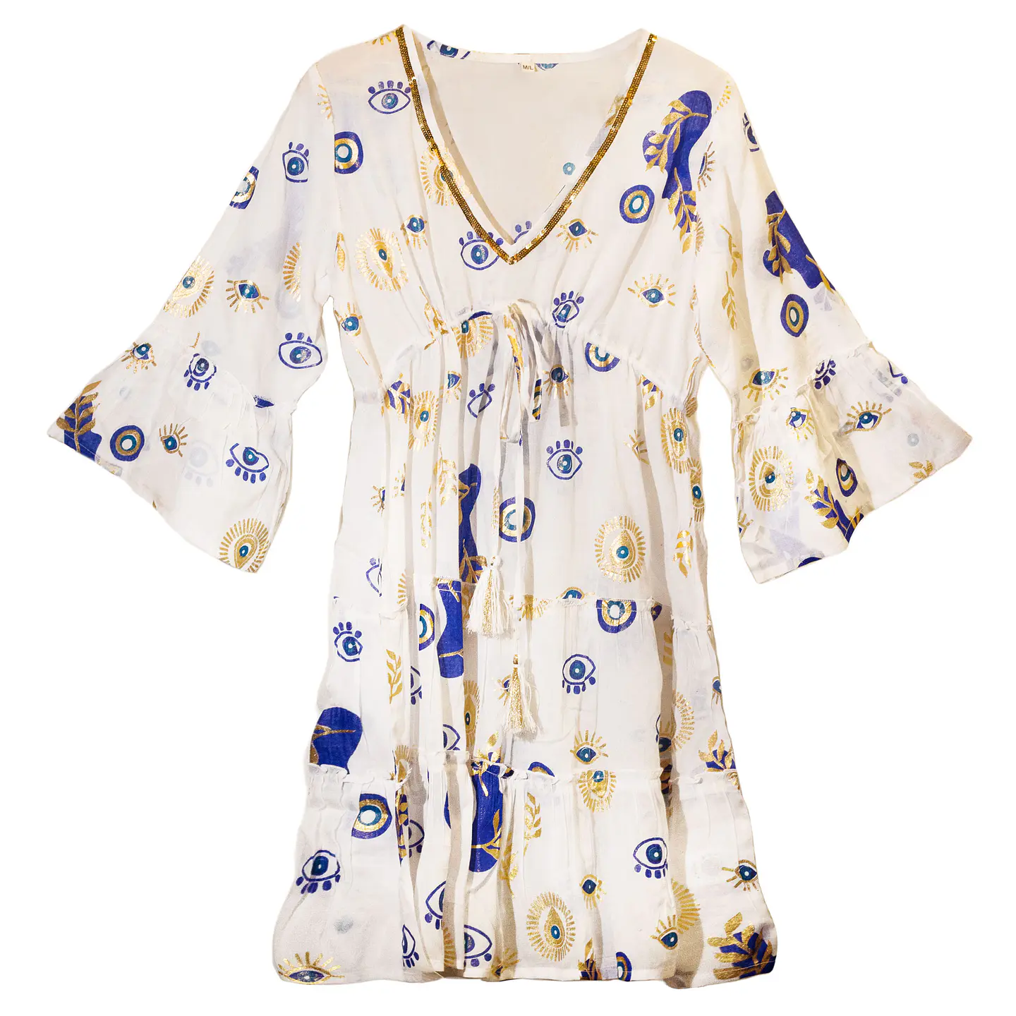 Vestido Nomad Sari - Branco, Azul & Olho Turco Dourado - Coleção Mediterrâneo 1