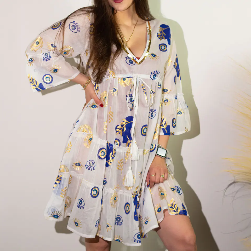Vestido Nomad Sari - Branco, Azul & Olho Turco Dourado - Coleção Mediterrâneo 2
