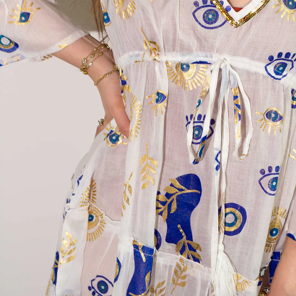 Vestido Nomad Sari - Branco, Azul & Olho Turco Dourado - Coleção Mediterrâneo 3