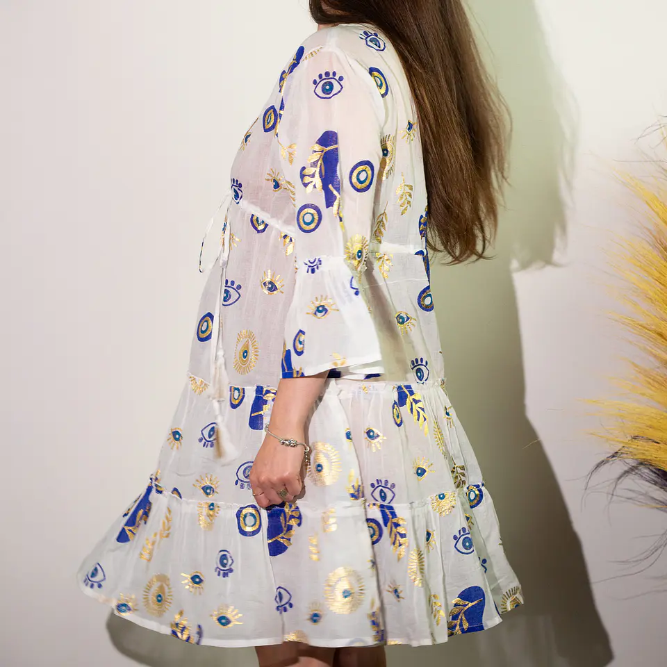 Vestido Nomad Sari - Branco, Azul & Olho Turco Dourado - Coleção Mediterrâneo 4