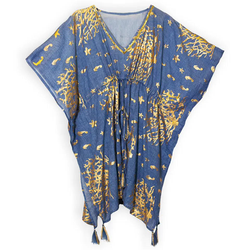 Kaftan Nomad Sari - Azul-Marinho c/ Estampa Coral Dourada - Coleção Mediterrâneo 1
