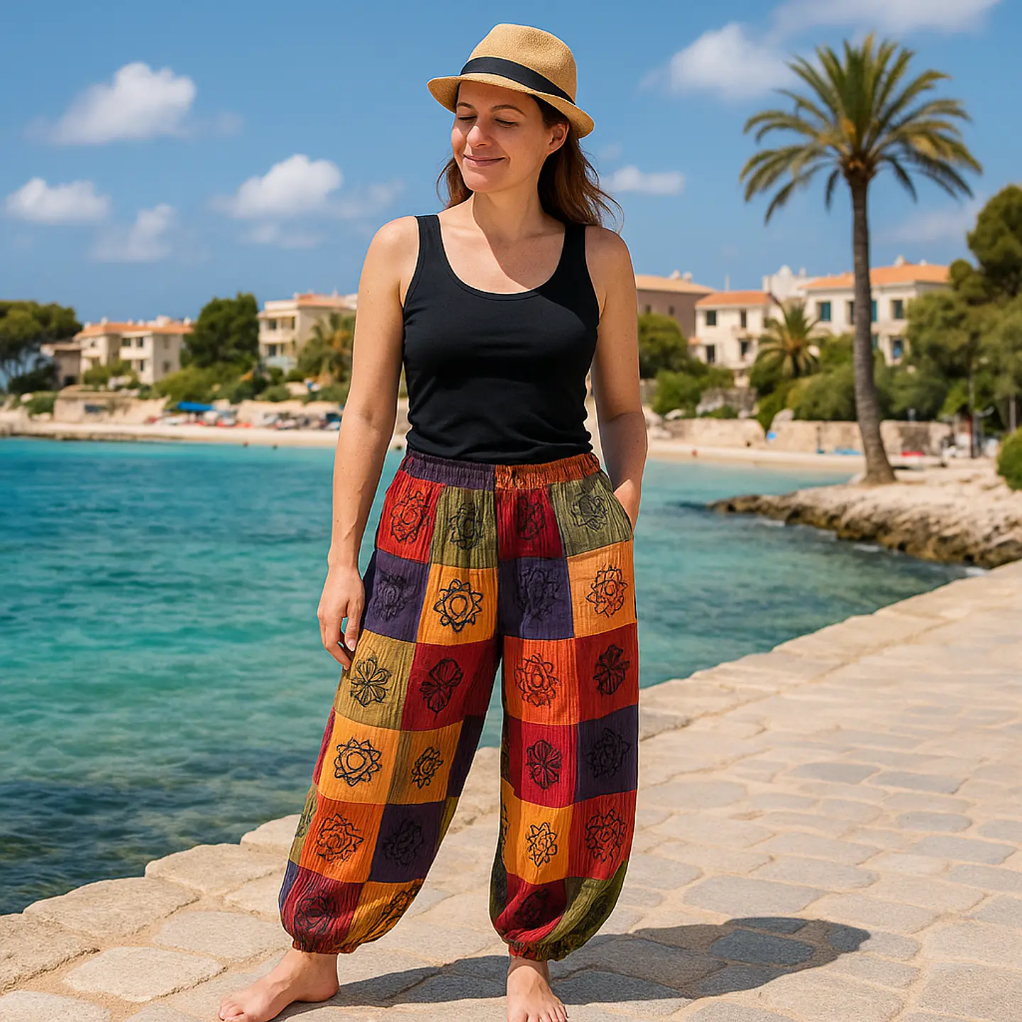 Calças Cogumelo Nomad Sari - Estampas de Quadrados - Tons Laranja 2