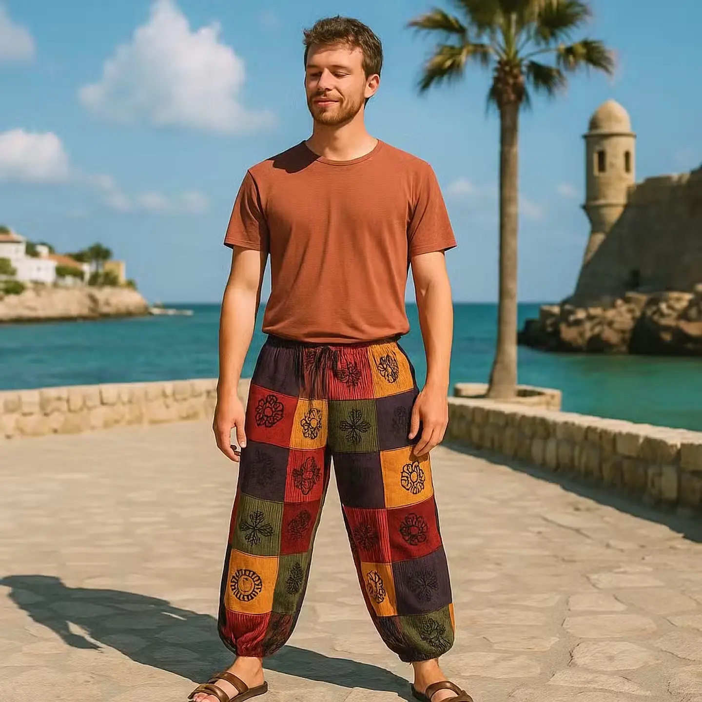 Calças Cogumelo Nomad Sari - Estampas de Quadrados - Tons Laranja 3