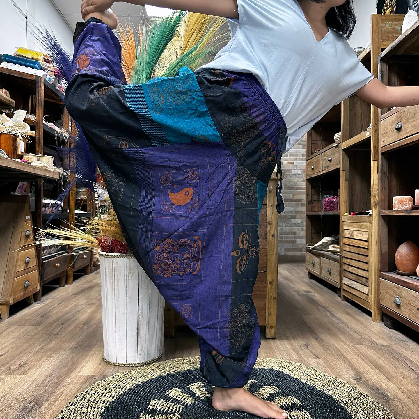 Calças Yoga & Meditação Estampadas - Estilo Aladdin Himalayan - Azul/Roxo 2