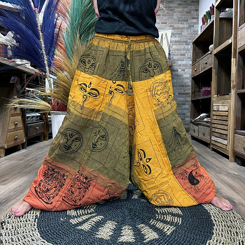 Calças Yoga & Meditação Estampadas - Estilo Aladdin Himalayan - Laranja/Verde