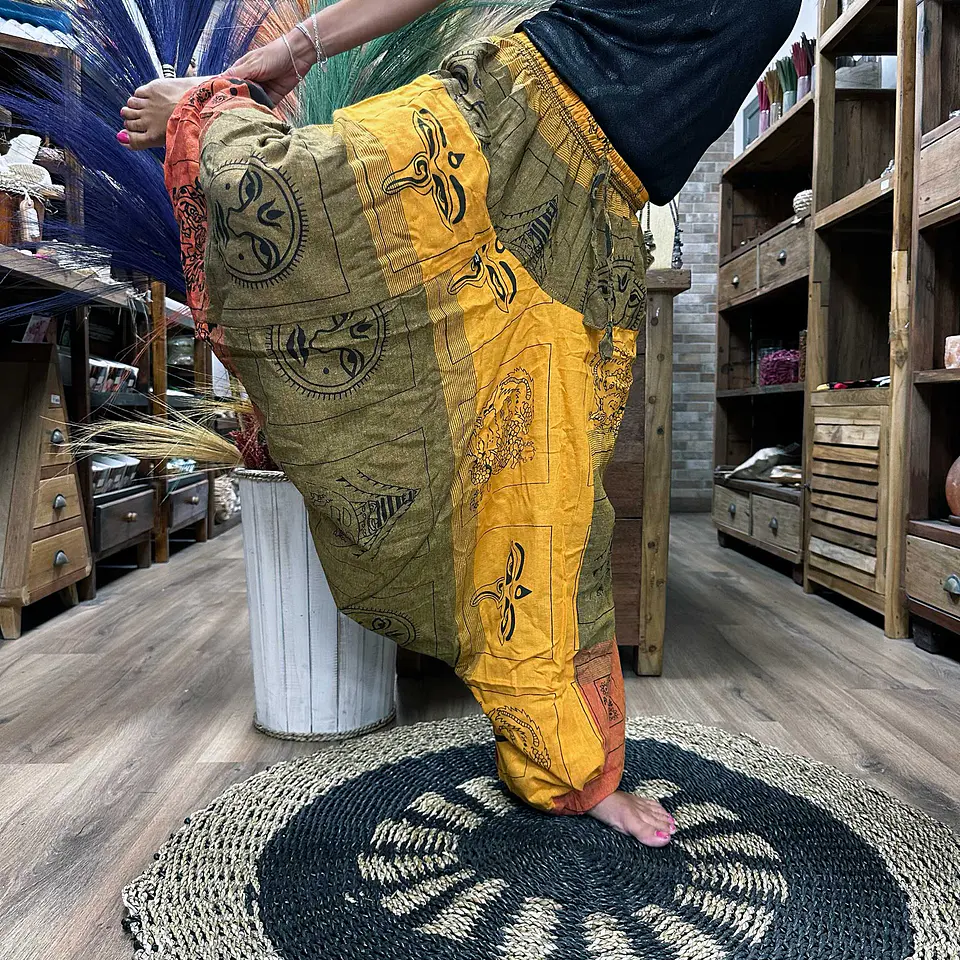 Calças Yoga & Meditação Estampadas - Estilo Aladdin Himalayan - Laranja/Verde 2
