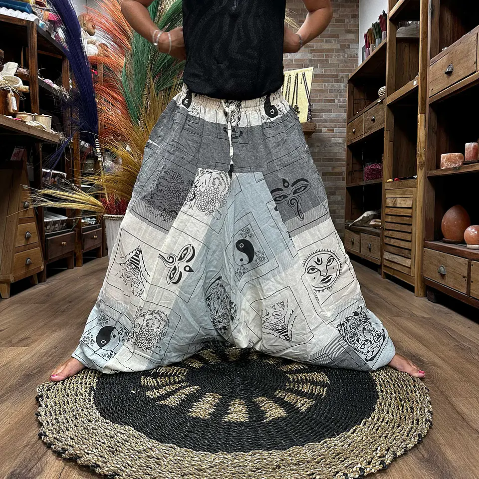 Calças Yoga & Meditação Estampadas - Estilo Aladdin Himalayan - Branco/Cinzento 1