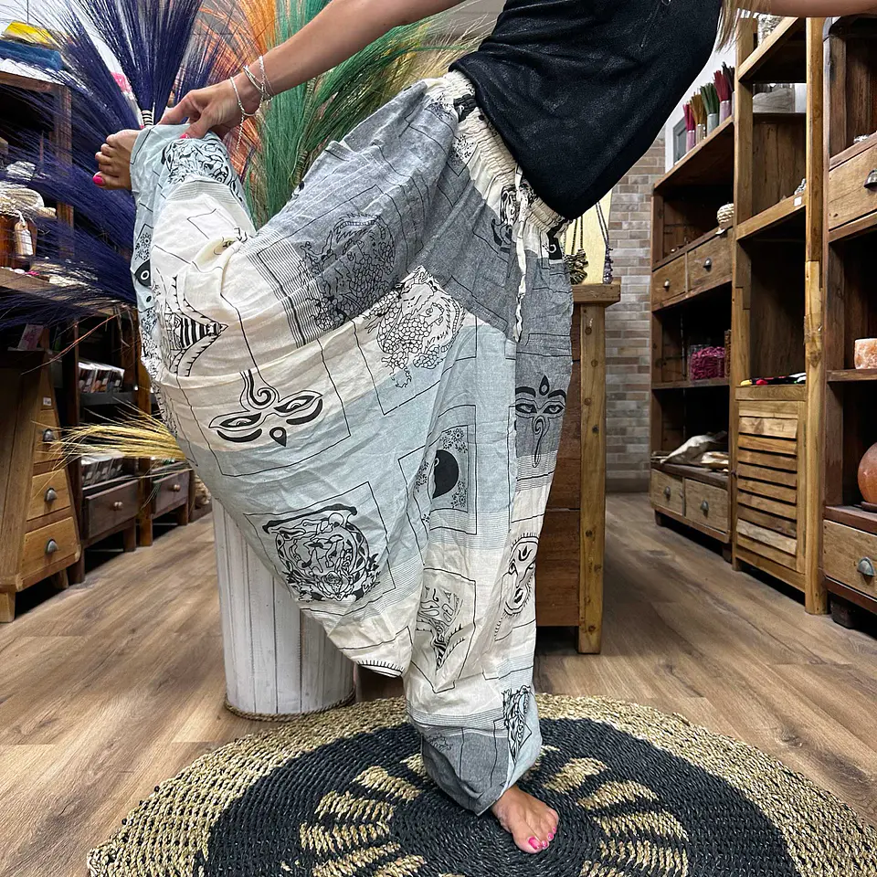 Calças Yoga & Meditação Estampadas - Estilo Aladdin Himalayan - Branco/Cinzento 3